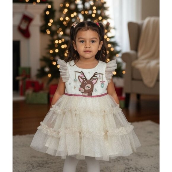 ZUNIE Ivory Christmas Reindeer Tulle Ruffle Dress 24 months - Picture 1 of 4